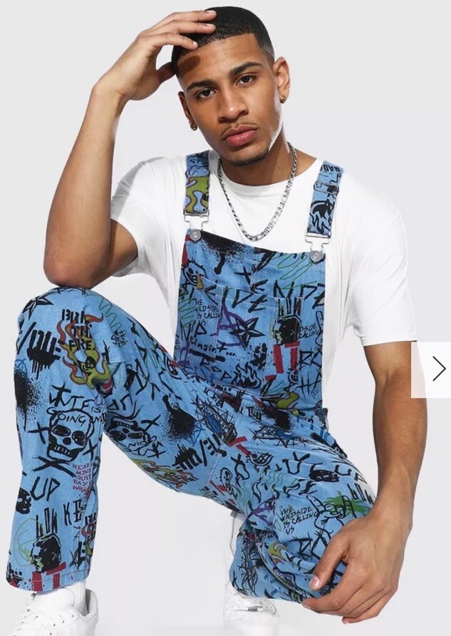 MAN boohooman Denim Graffiti Overalls Size Small