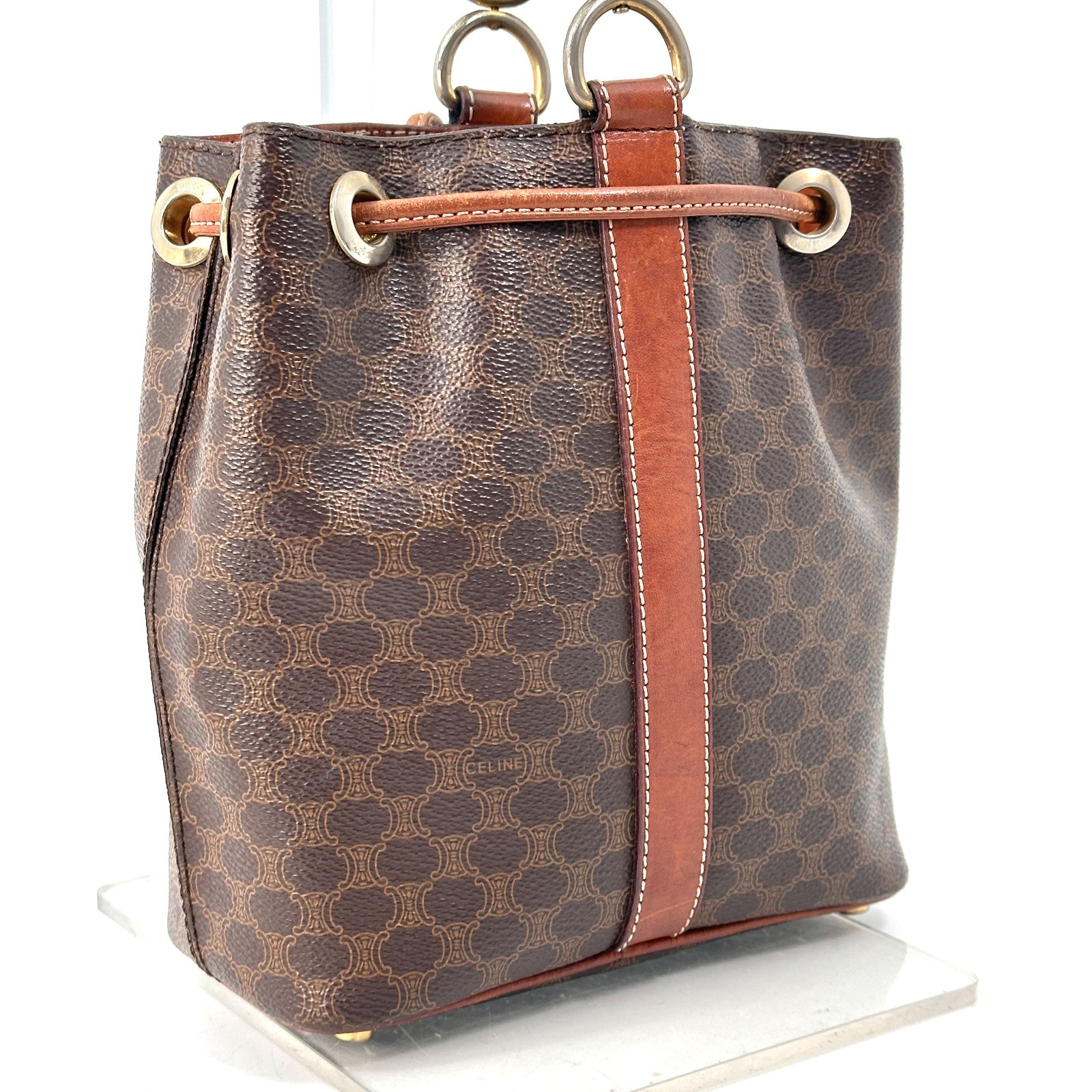 Vintage CELINE Macadam Drawstring Bucket One Shoulder Bag PVC Leather Brown
