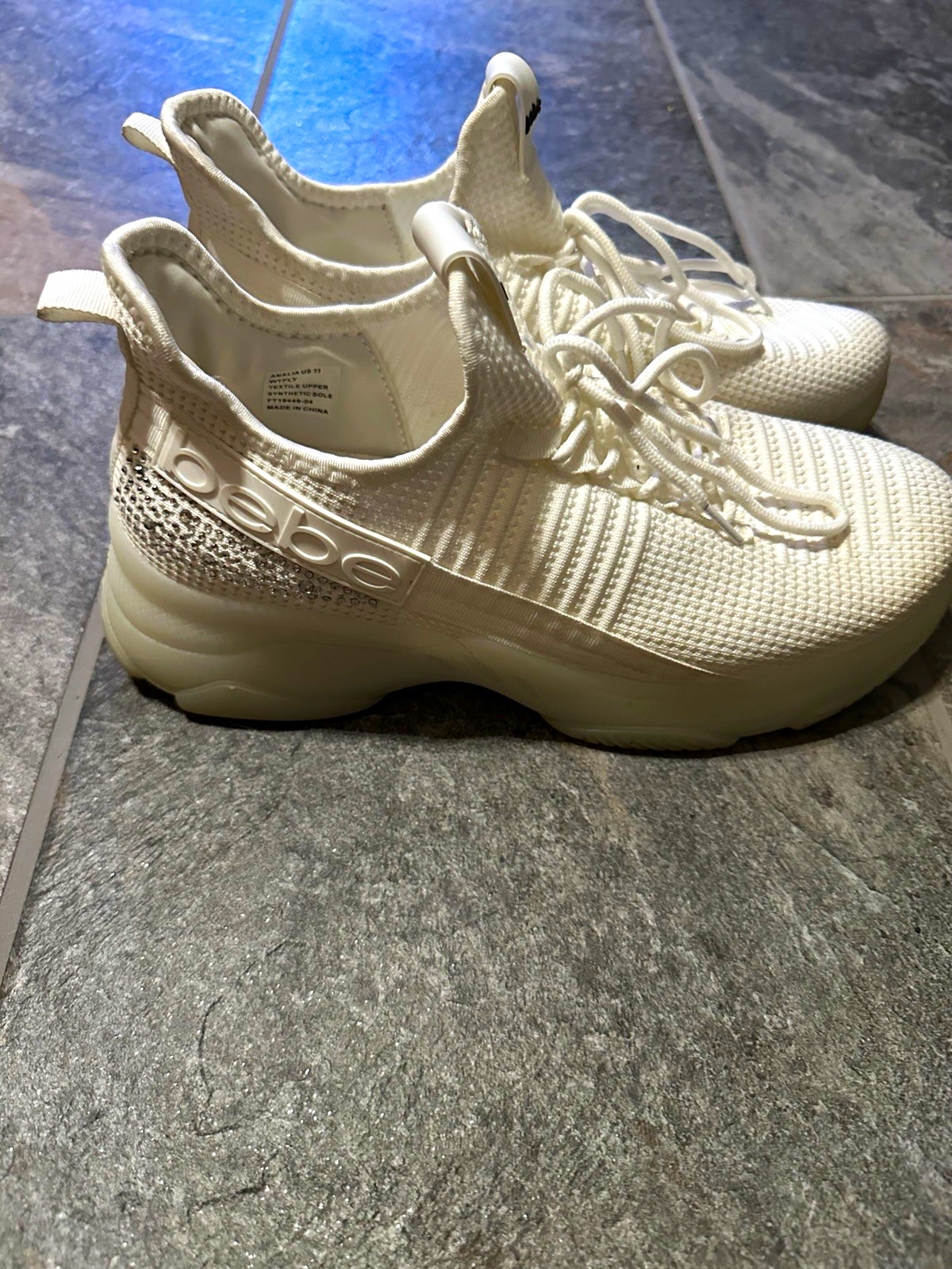 bebe White Knit Textile Lace-Up Rhinestone Logo Women’s Low Top Sneaker
