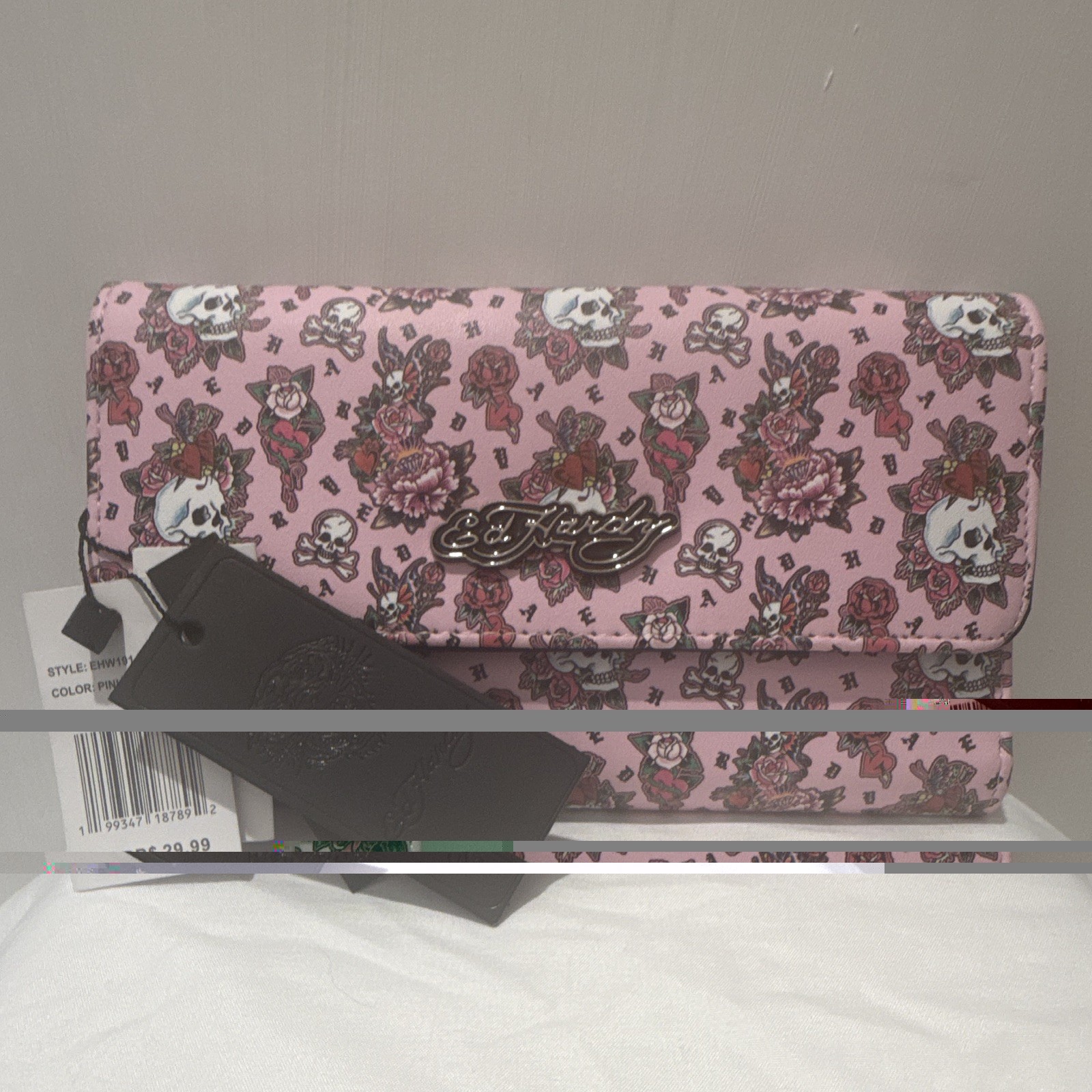 Ed Hardy Women’s Pink/Black Skull Floral Flap Wallet Folding Credit Card