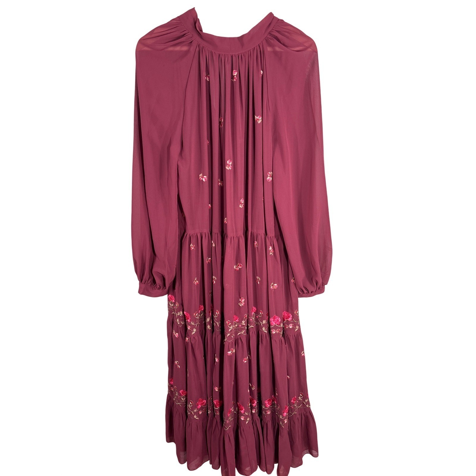 ASOS DESIGN Burgundy Floral Embroidered Tiered Maxi Dress Tie Neck Wine Size 10