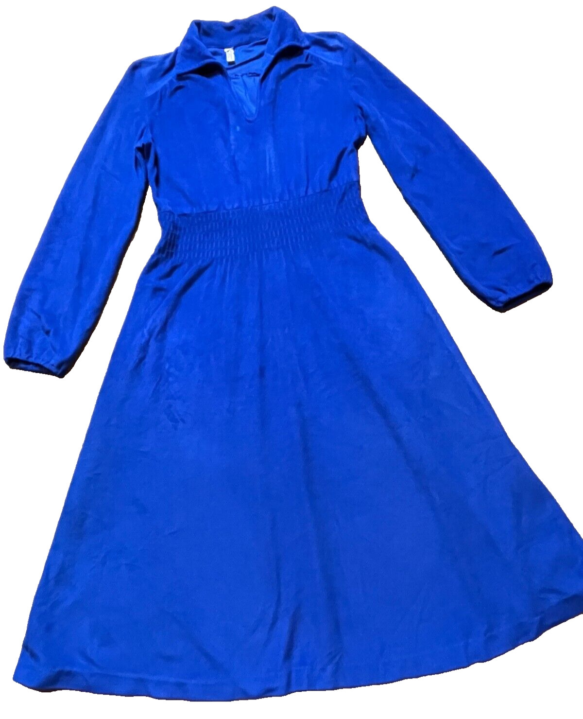 Vintage 1970s Hippie Velour Blue Butterfly Collar Disco Midi Shirt Dress S/M