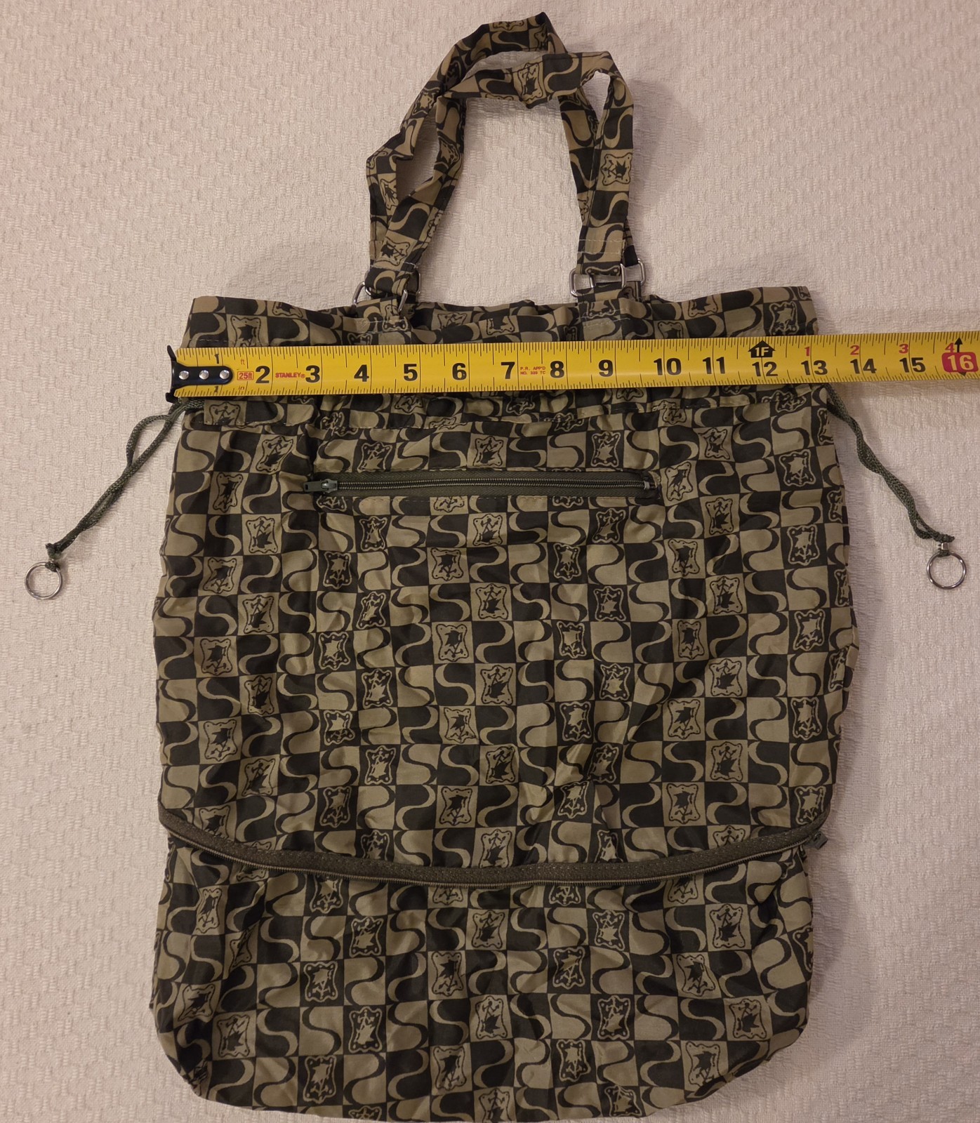 Portable Tote Drawstring Bag Zips Into Self Carry In Purse Or Car 16×13 To 7×4