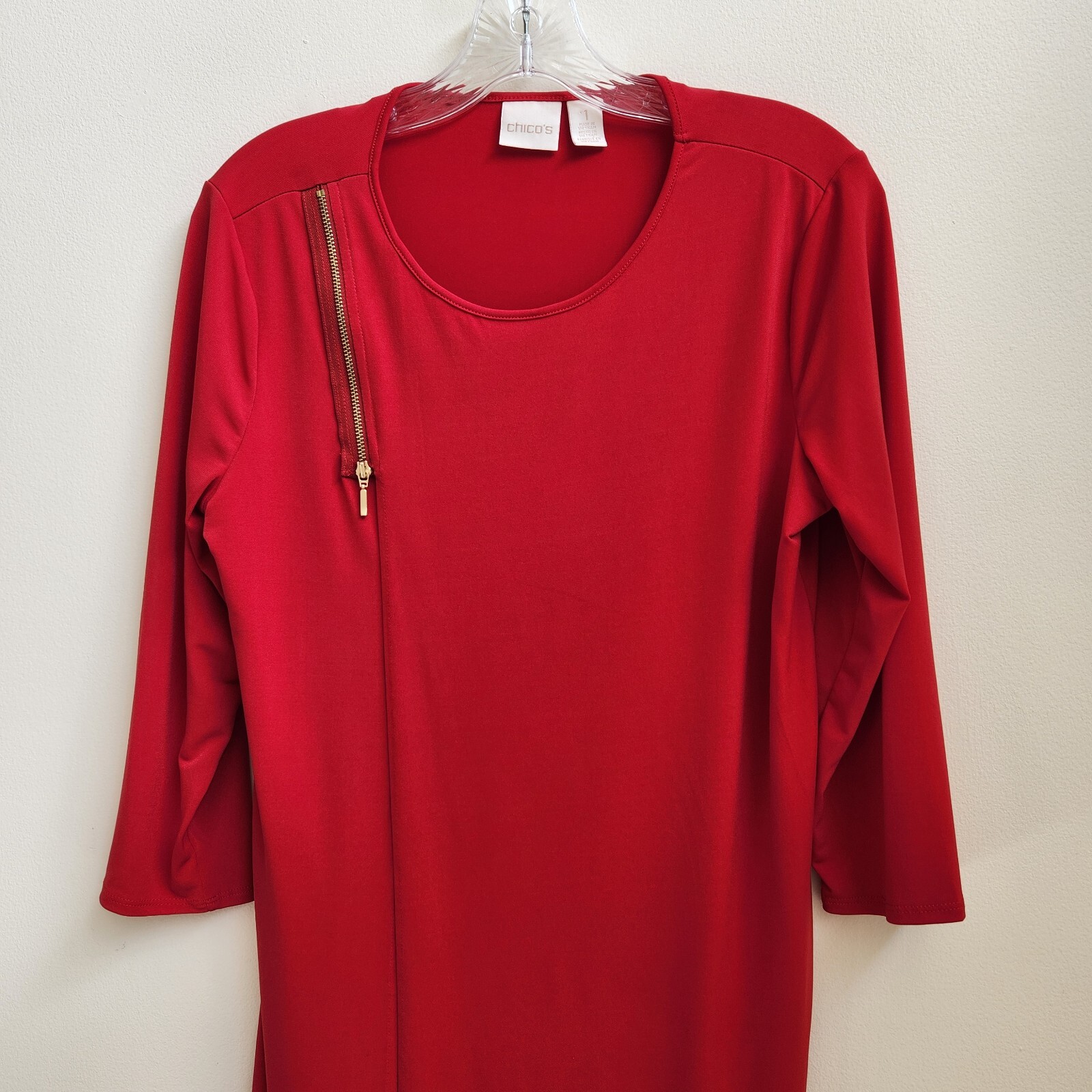 Chico’s Top Women’s 1 Red Zip Design Tunic Classic Holiday Lagenlook Minimalist