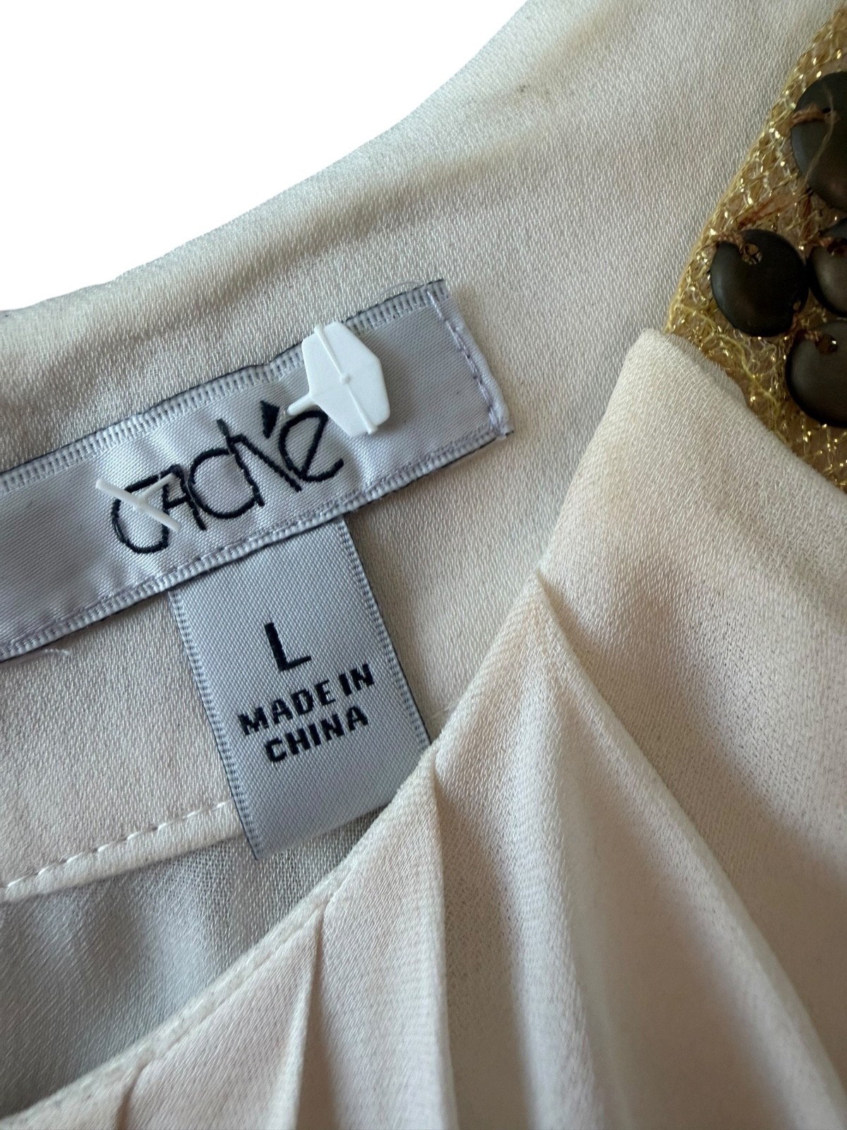 Cache Y2K 100% Silk Solid White Blouse Size L Large Embellished Sleeveless