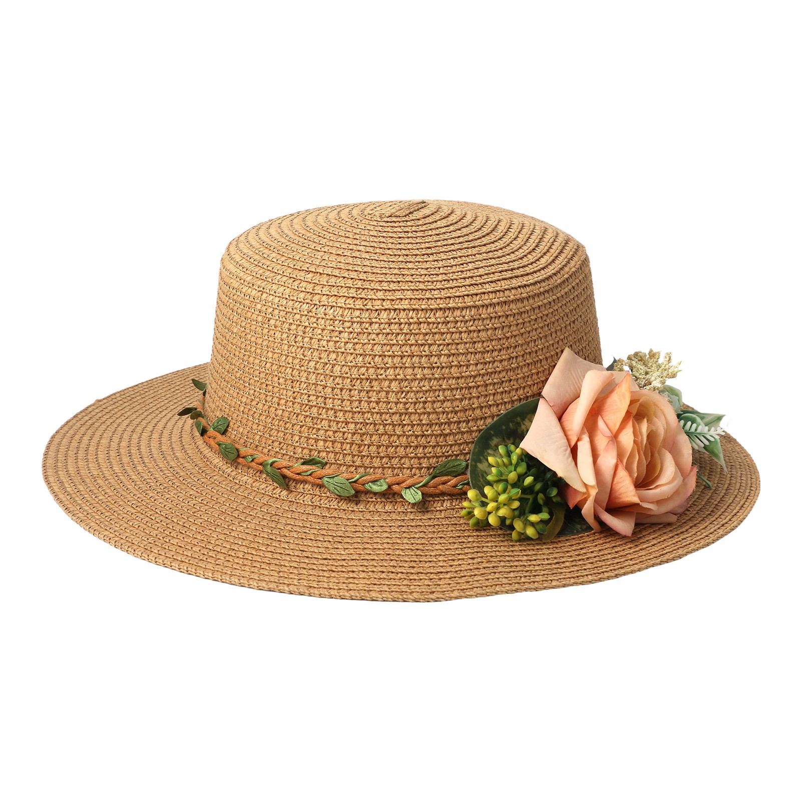 Women’s 3D Floral Decor Straw Wide Brim Flower Sun Hat Summer Outdoor Beach Hat