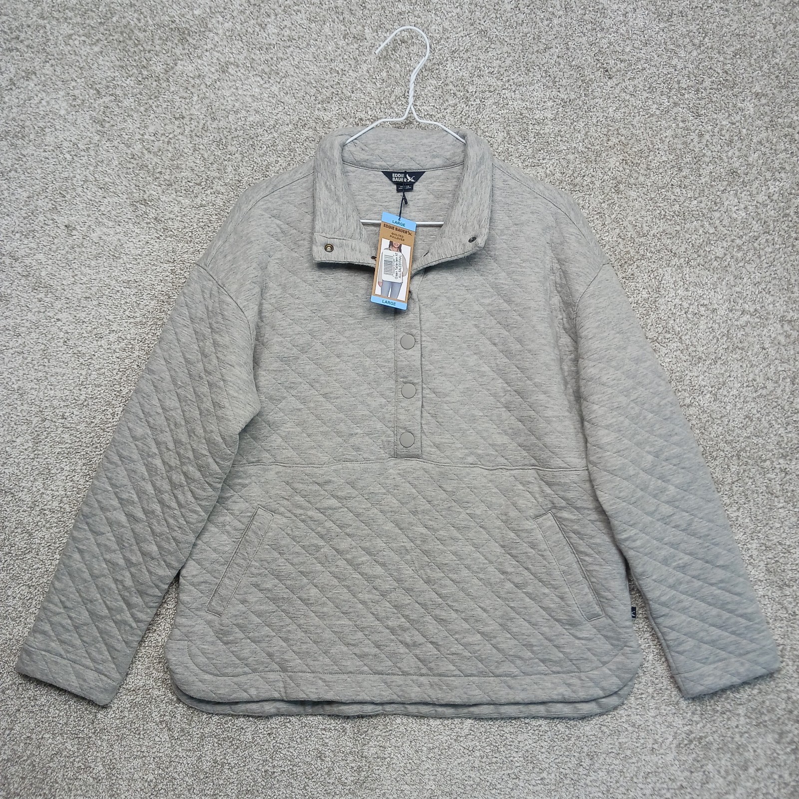 NWT Eddie Bauer Womens L Gray Quilted Kangaroo Pocket Pullover Large MSRP $99.00