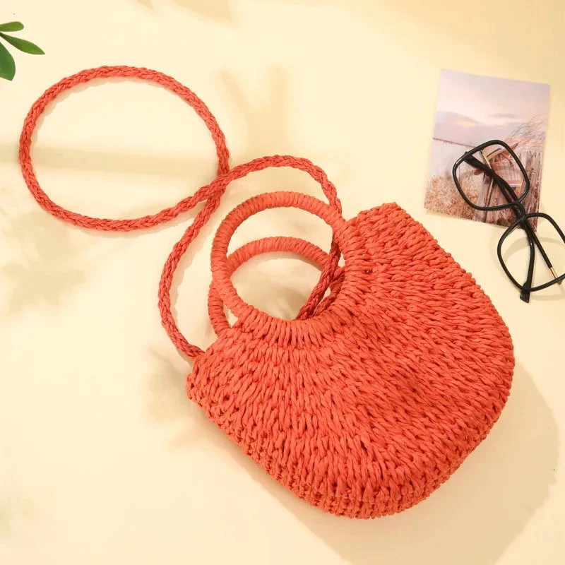 Handwoven Straw Rattan Half-Moon Beach Handbag Large Capacity Women Summer