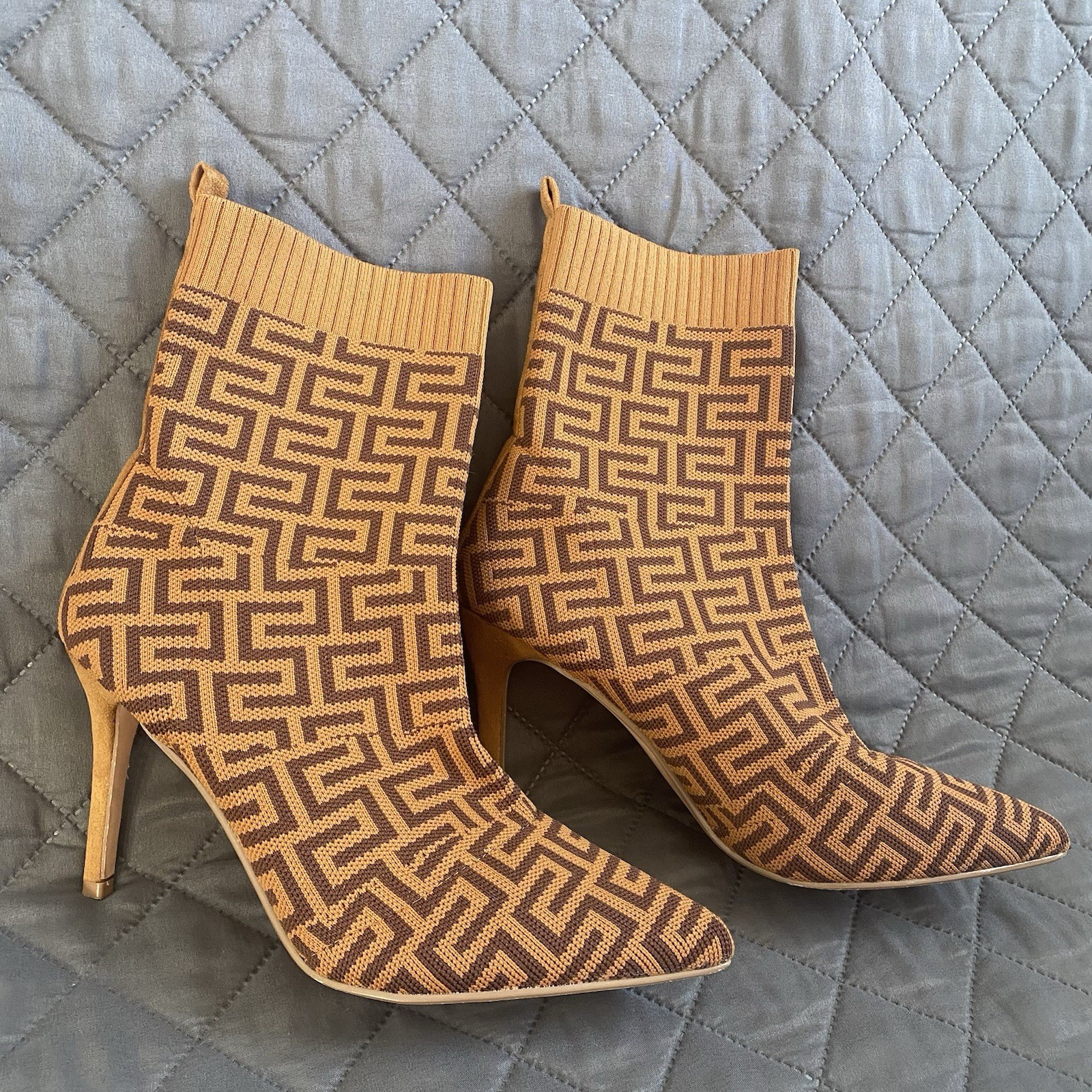 C. Malandrino Monogram Logo Heeled Ankle Sock, Knit, Suede Tan/Brown Boot SZ 8.5