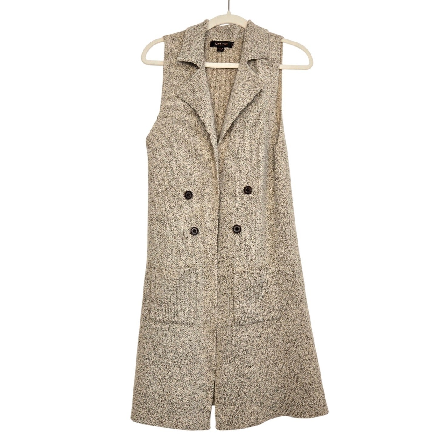 Quiet Luxury Long Sweater Vest Oatmeal Textured Knit Sleeveless Buttons Large