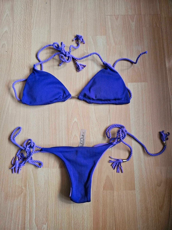 Shein Ribbed Fabric Handwoven Tassel Halter Neck Purple Bikini Set