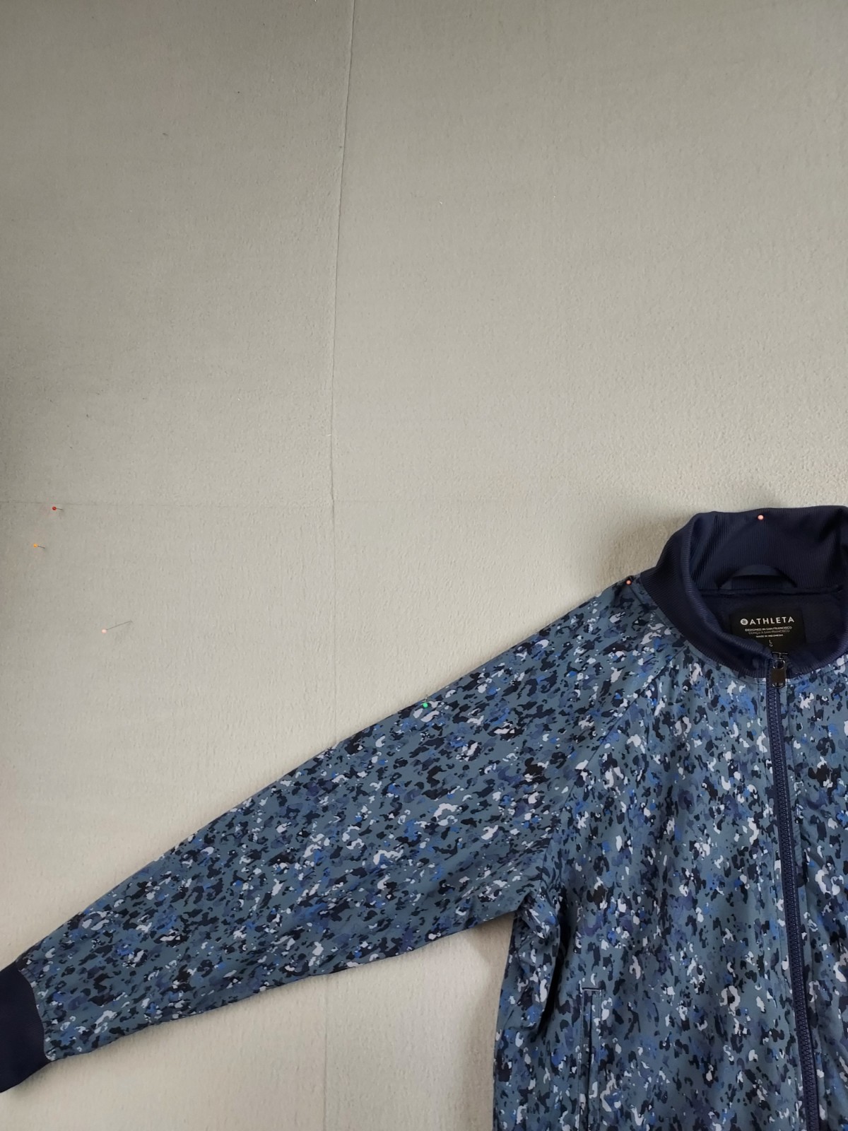 Athleta Women Bomber Jacket L Blue Cano Full Zip High Neck Pockets Outerwear