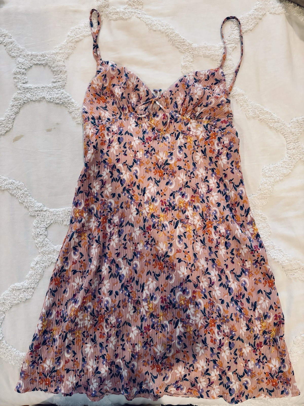 Women’s Pink Multicolor Floral Lace Chemise Slip with Spaghetti Straps