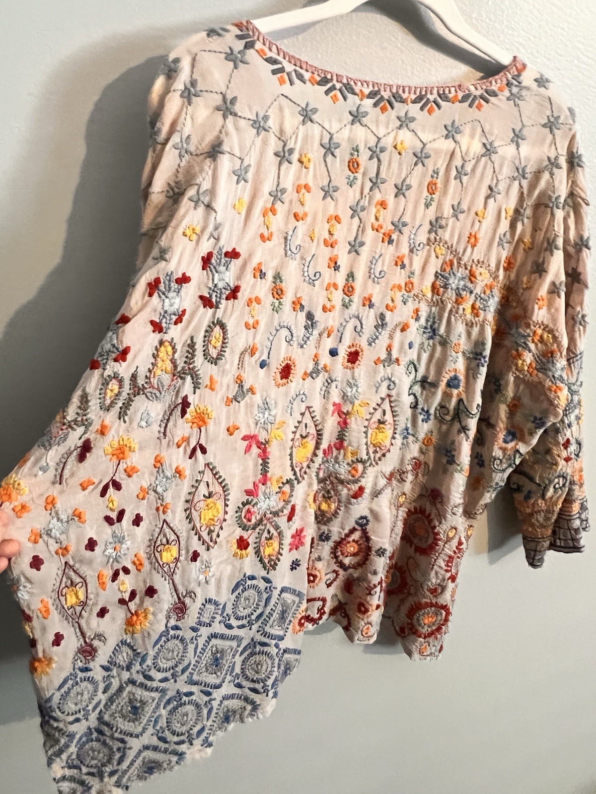 Johnny Was Blouse Top Womens Large Silk Embroidered Floral Boho Hippie Artsy
