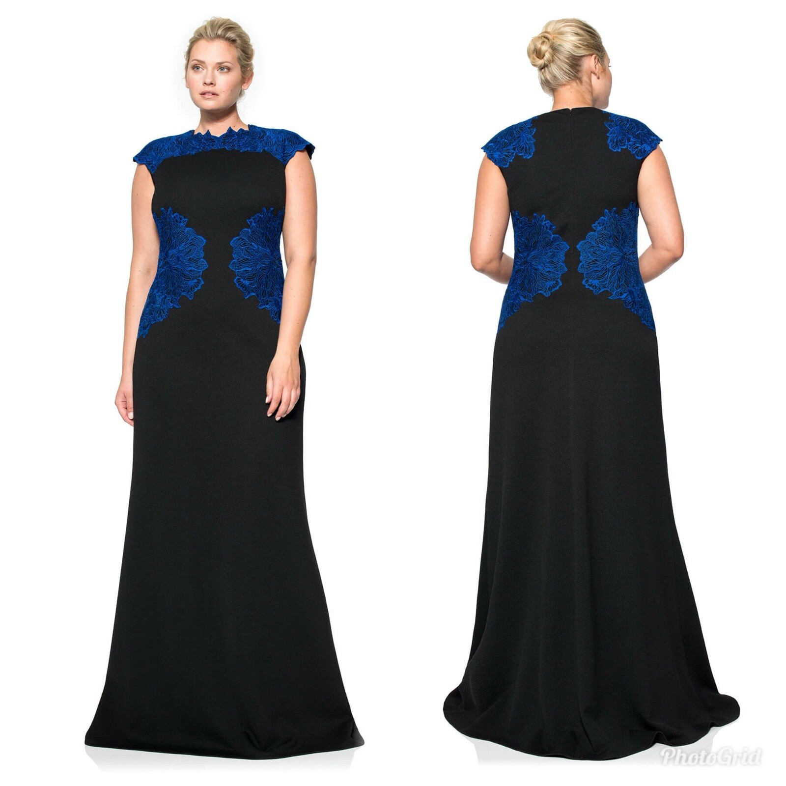 TADASHI SHOJI womens XXL/16 Embroidered Lace Blue/Black Perforated Neoprene Gown