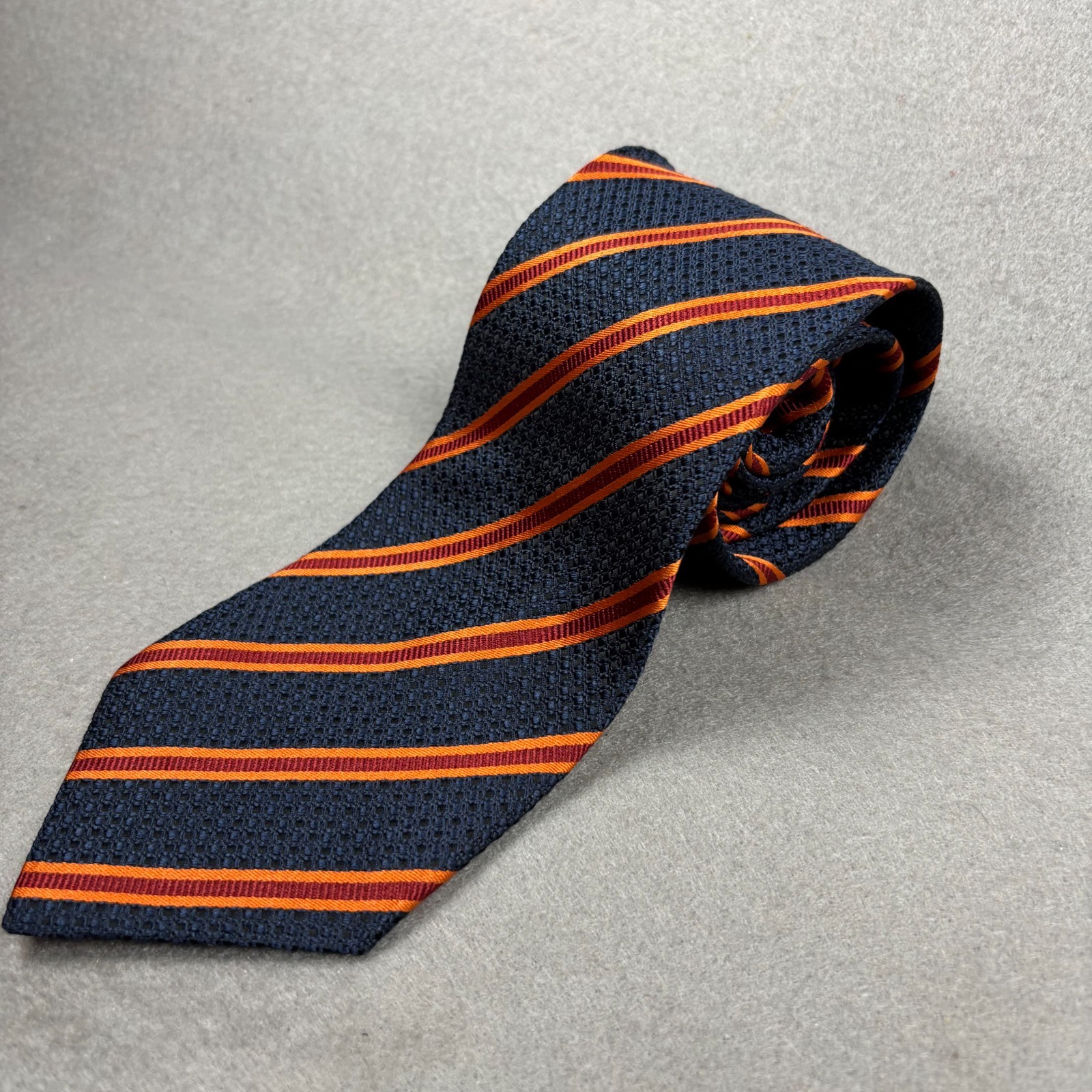 Ermenegildo Zegna Silk Tie Navy Blue Orange Burgundy Stripe Made in Italy 3.5″