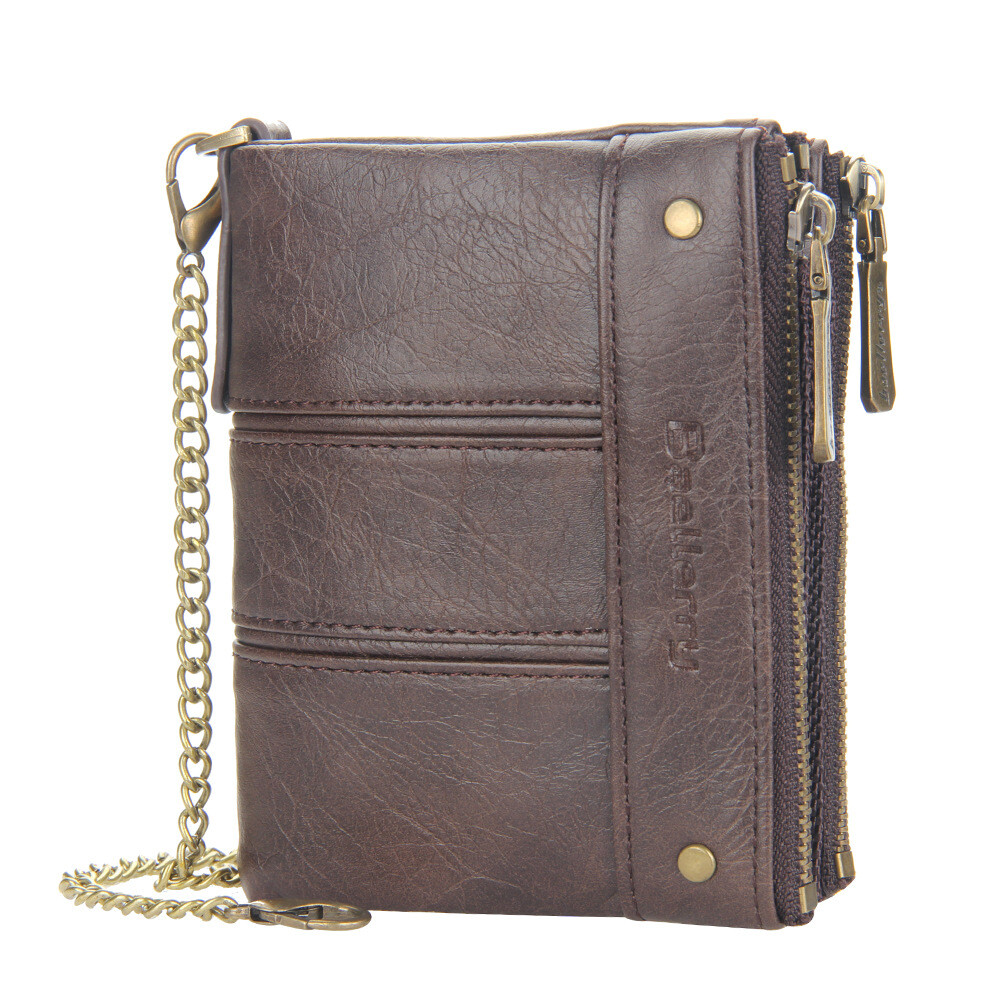 Men Men’s C2 Leather Wallet with Chain ID Credit Card Holder Double Zipper Coin
