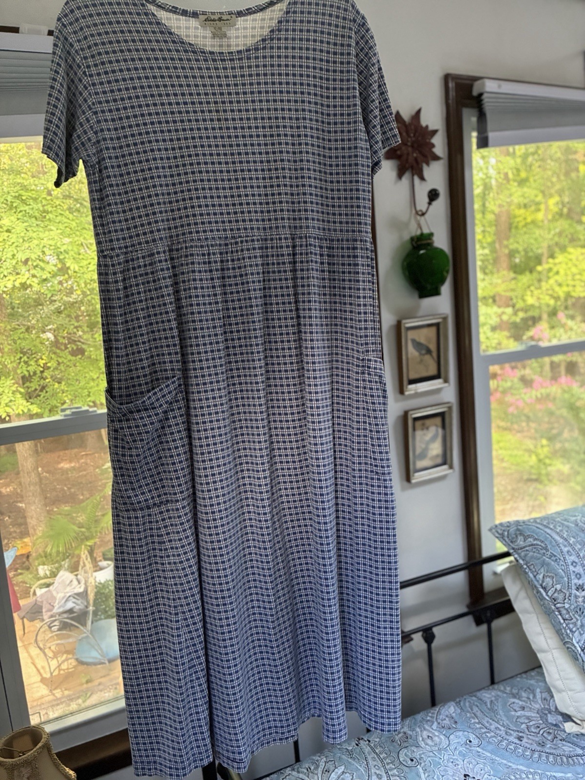 Vintage Eddie Bauer Blue Gingham Plaid Cotton Maxi Dress Pockets M Petite