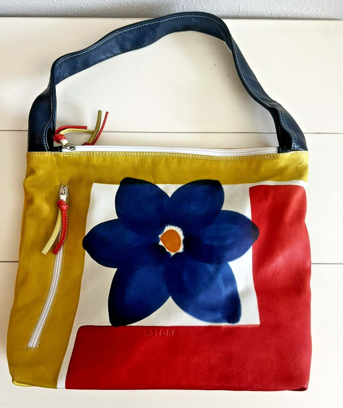 ASTORE Hand Painted Leather Bag Italy Colorblock Floral Shoulder Hobo Purse