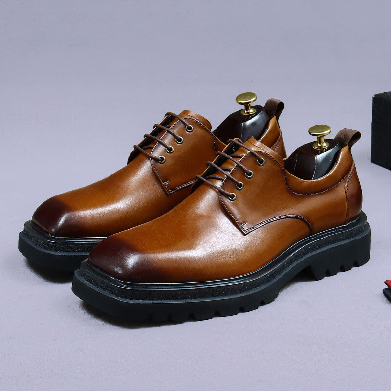 Men’s 100% Real Leather Square Toe Derby Shoes Wedding Platform Business Lace Up