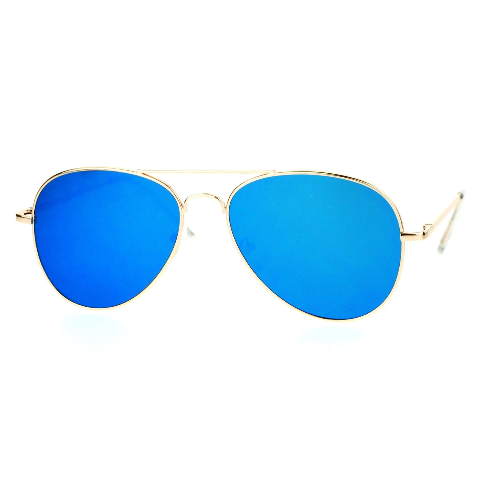 Mirrored Flat Lens Pilot Sunglasses Thin Metal Spring Hinge Gold Frame UV400