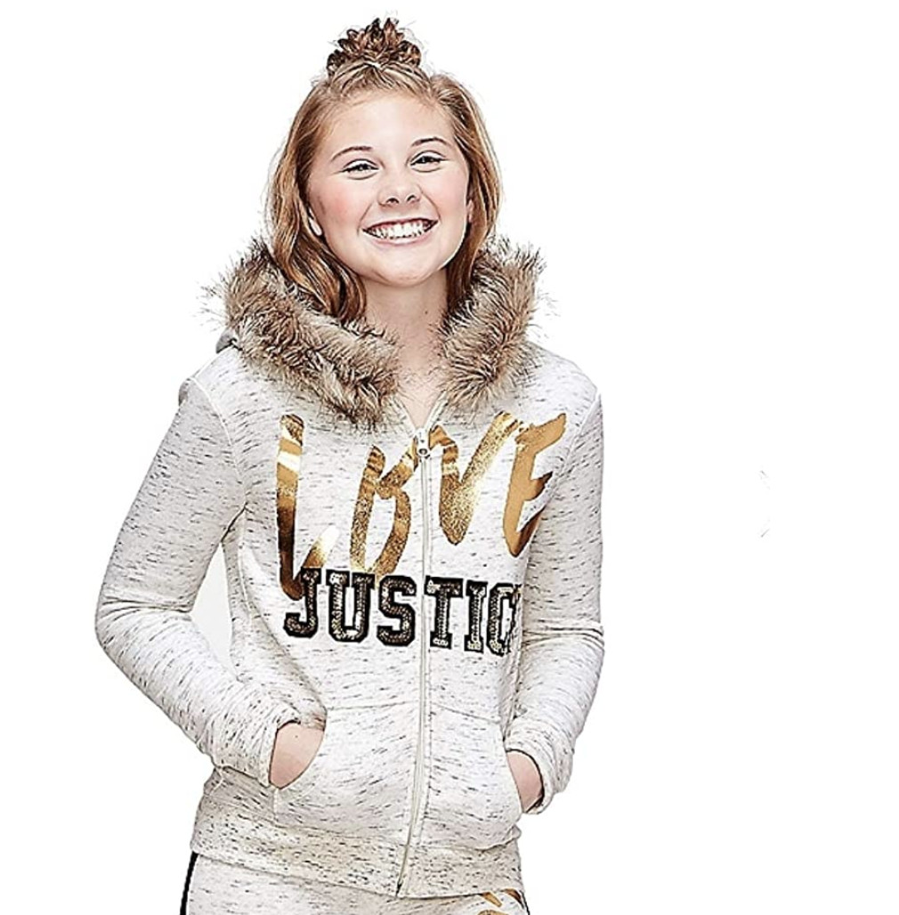 Justice Faux Fur Trim Logo Hoodie Oatmeal Heather