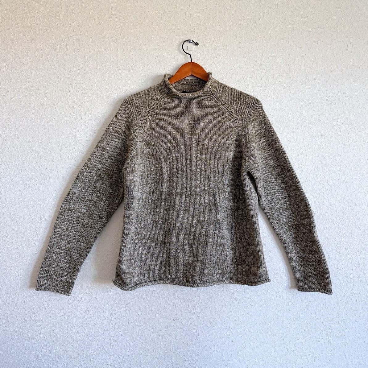 J.Crew 1988 Roll Neck Marled Olive Green Cotton Raglan Sweater