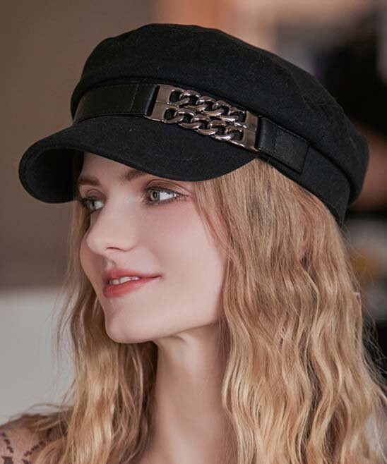 Black Women’s Beret Hat w/ Chain Decorated Peaked Cap Newspaper Hat Vintage