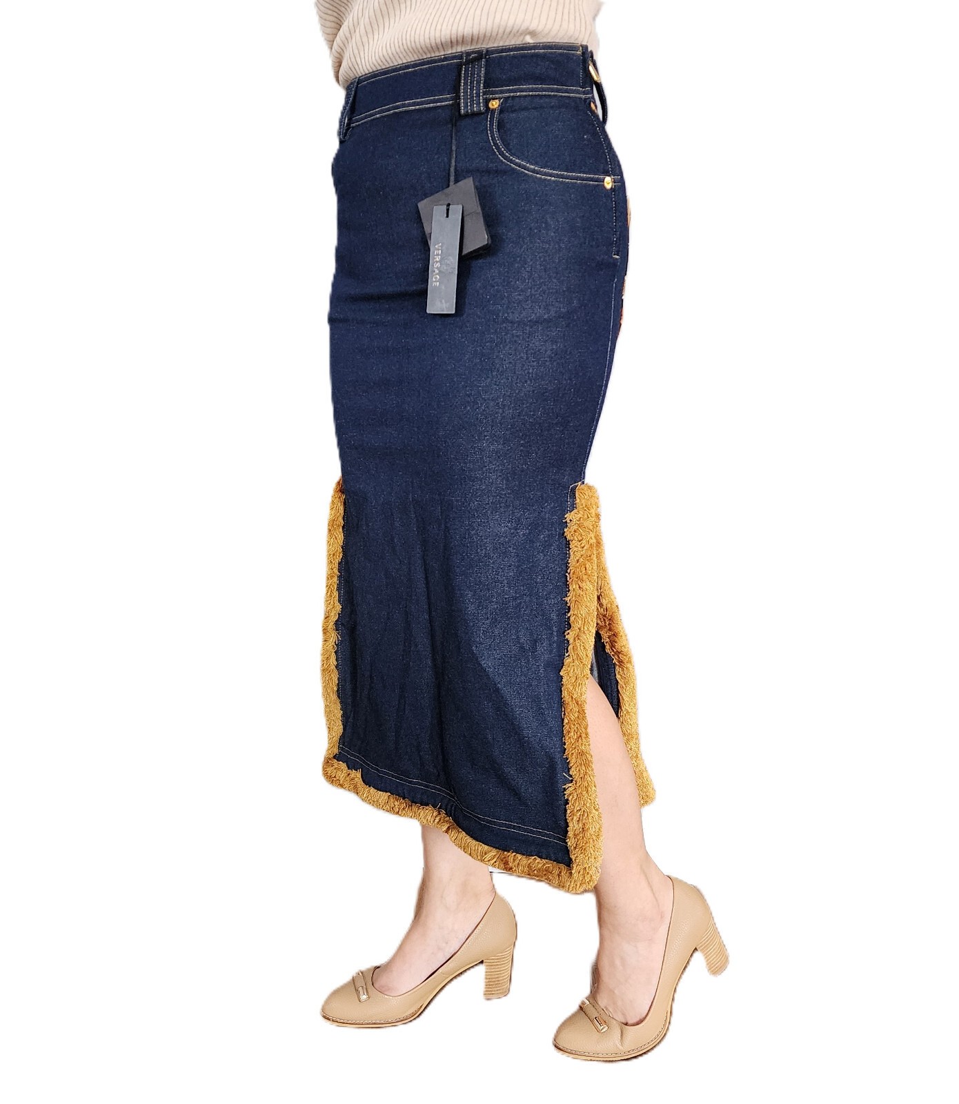 $2995 Designer VERSACE Women’s Indigo Gold Stitching Medusa Long Denim Skirt 40