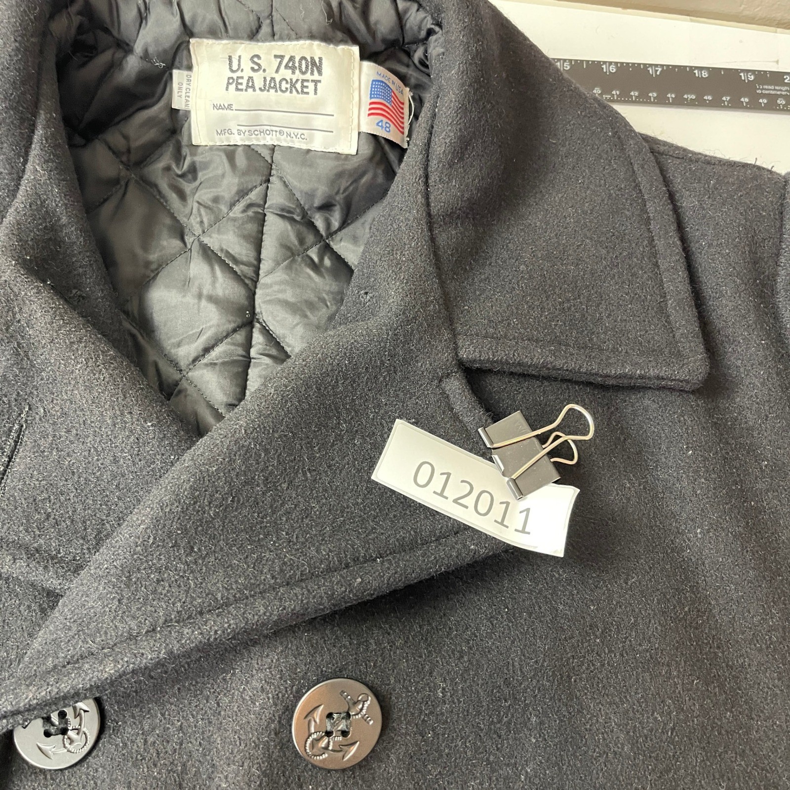 Schott Peacoat Mens 48 Black Wool Navy Made in USA Nautical Double Breasted