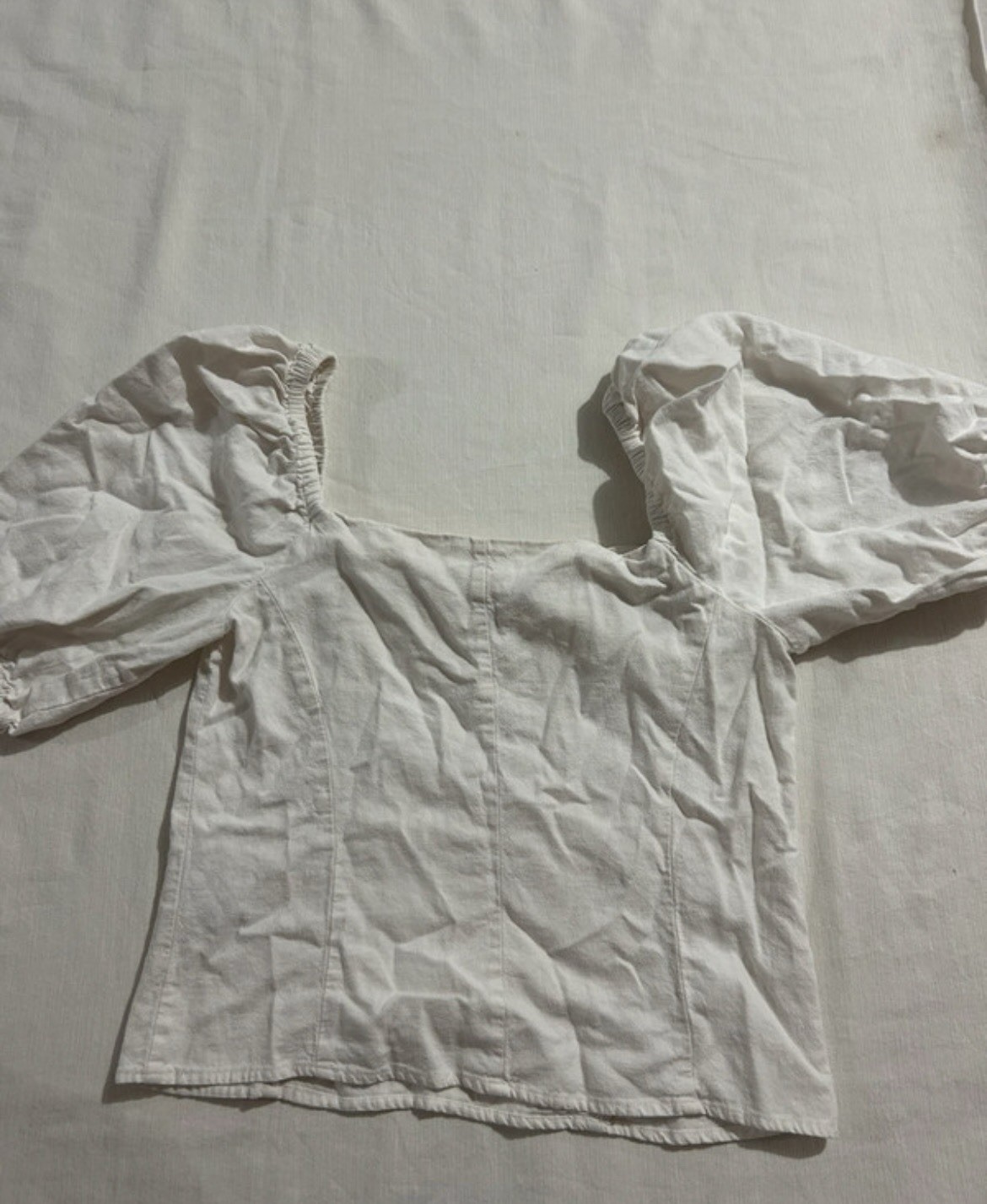 H&M White Linen Blend Ruffle Puff Sleeve Square Neck Crop Blouse XS