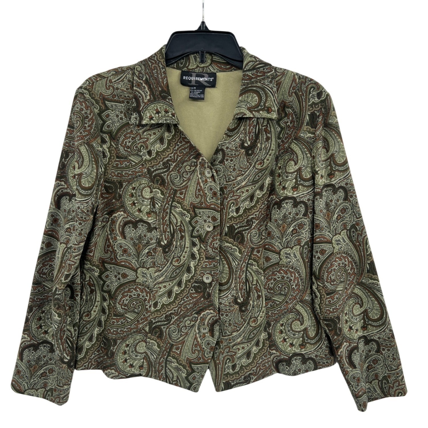 Requirements Womens M Paisley Jacket Blazer Green Brown Button Front Stretch
