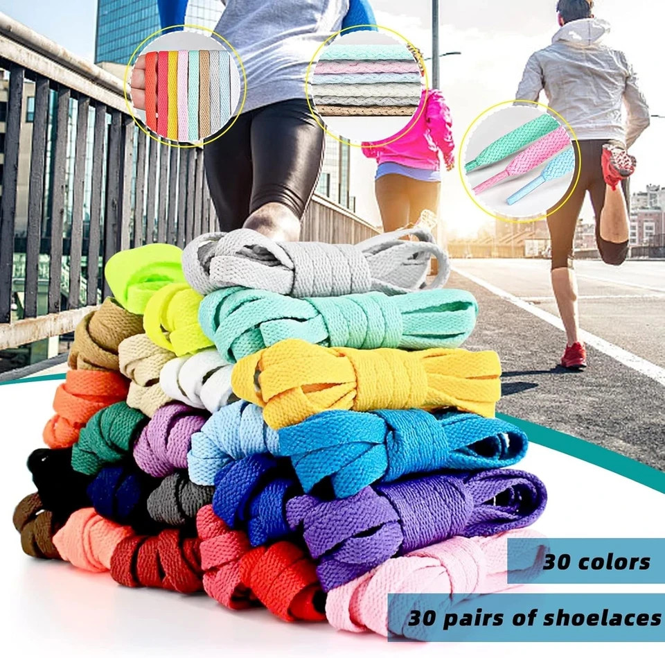30 Pairs 54″ Athletic Shoe Laces 30 Colors Flat Sneaker Shoelaces Bulk Pack