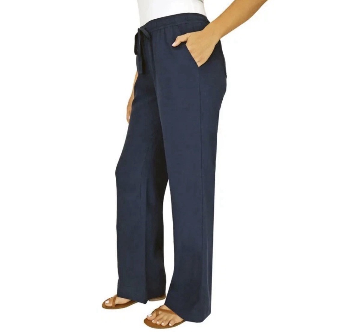 NEW Briggs Womens Navy Blue Linen Blend Wide Leg Drawstring Pants Small S