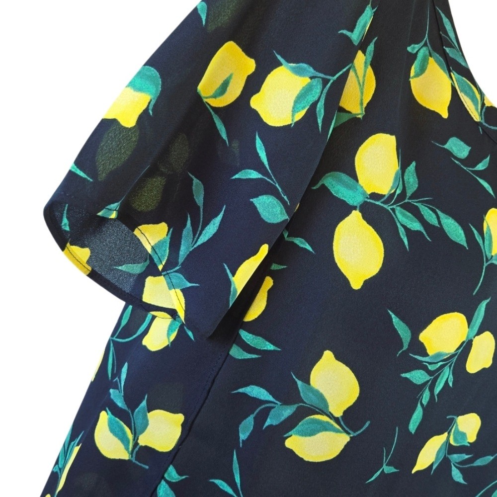 BANANA REPUBLIC Lemon Print Short Sleeve Blouse Navy Yellow Flowy X Small New