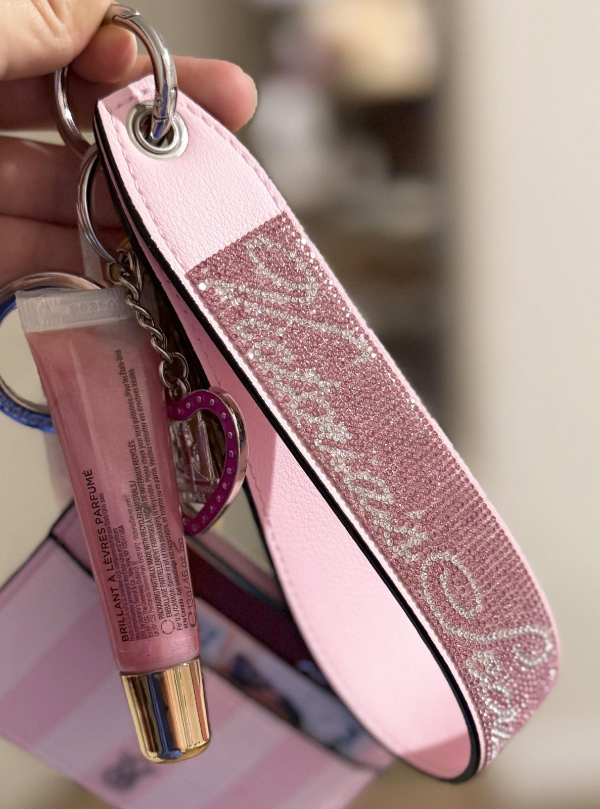 Victoria’s Secret VS Bling Rhinestone Wristlet Strap Keychain Pink Leopard