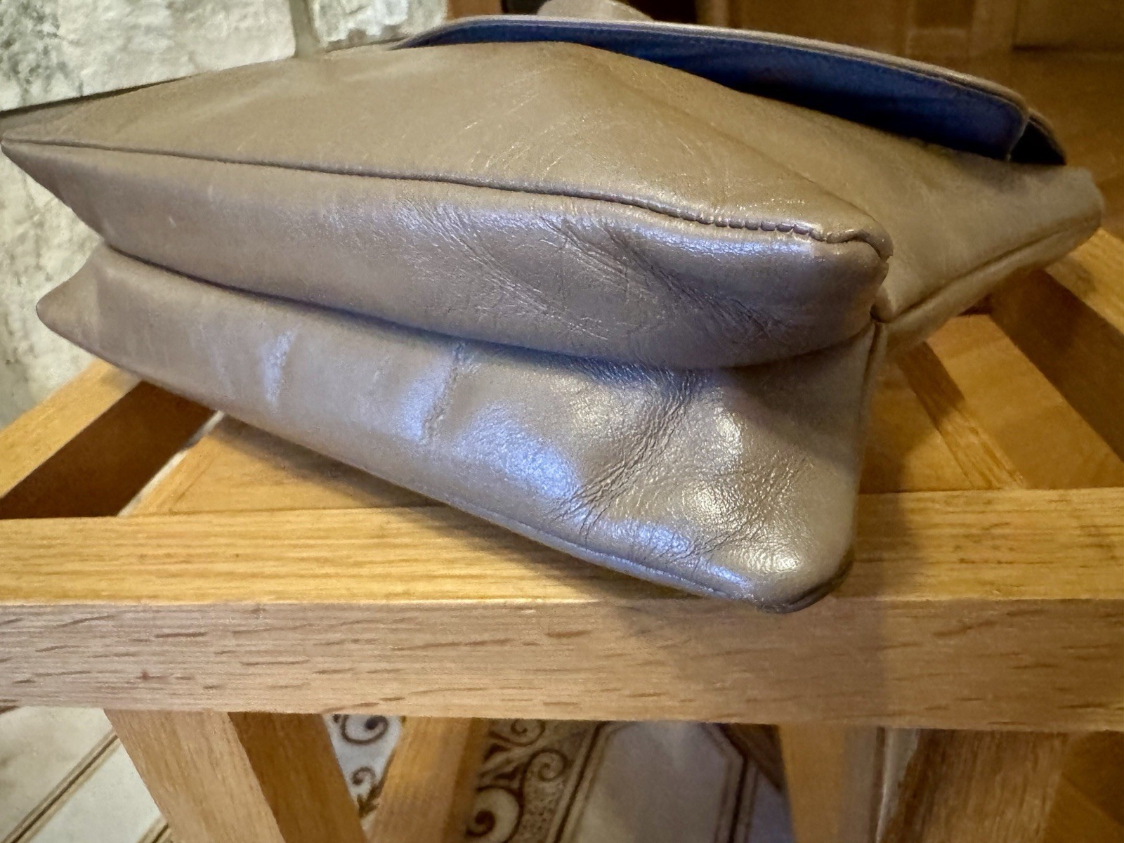Italian Leather Shoulder Bag 2 Flap Tan Saddlebag Divided Purse Gold Logo Fob