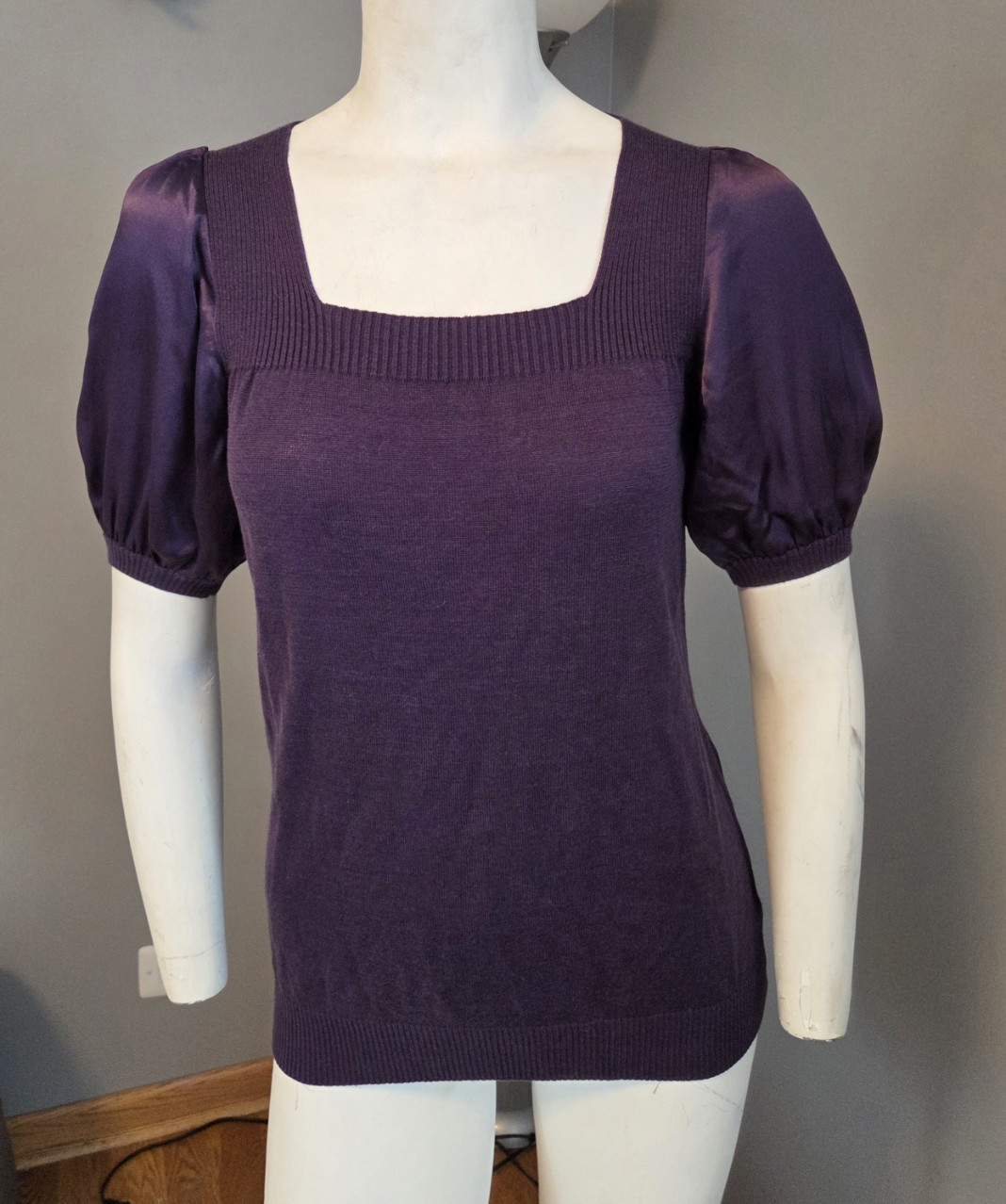 BCBGMAXAZRIA Purple Silk Cotton Cashmere Puff Sleeve Square Neck Sweater M 4.6