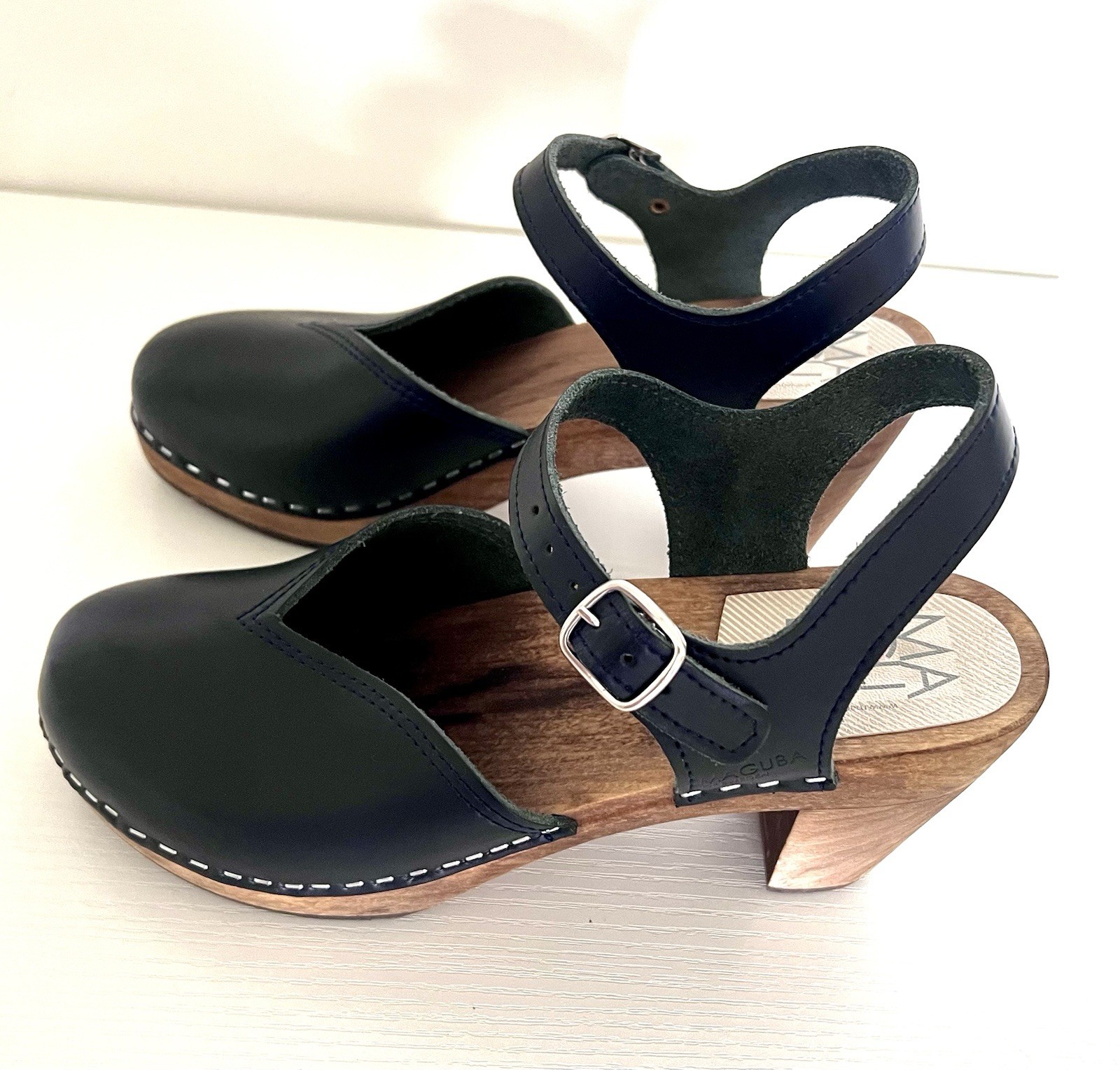 HTF Maguba Sweden Florence Wooden Clogs High Heel Tulip Cut Navy Leather Size 39