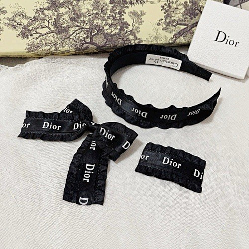 Dior Black Ribbon Ruffle Logo Headband & Bow Hair Accessory Set for Women