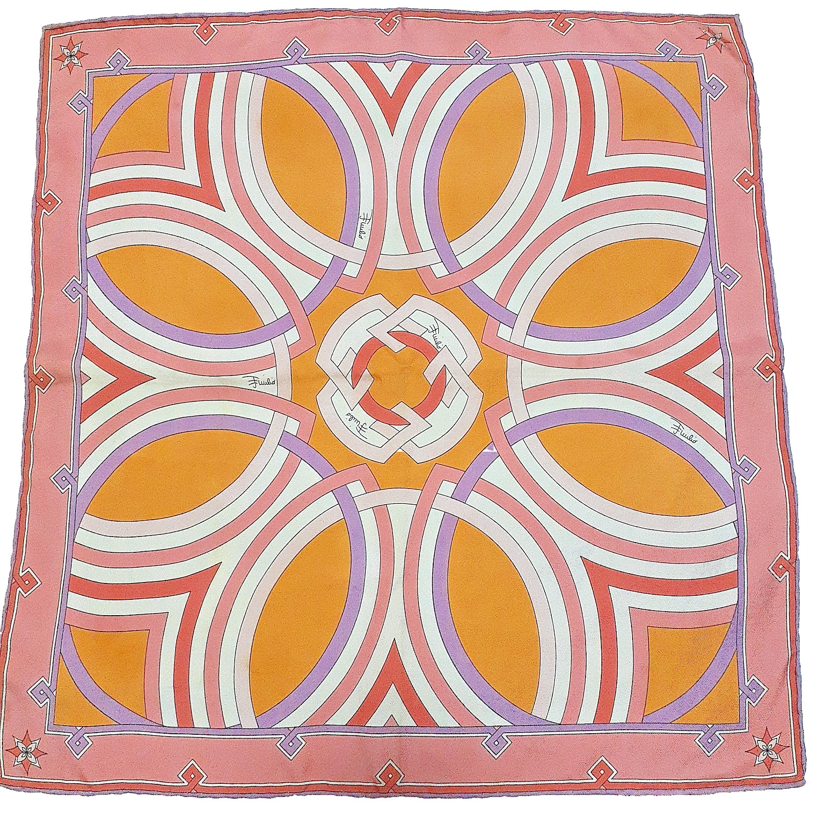 Emilio Pucci Silk Pocket Chief Mini Scarf Pink Orange Geometric Flower 40×41cm