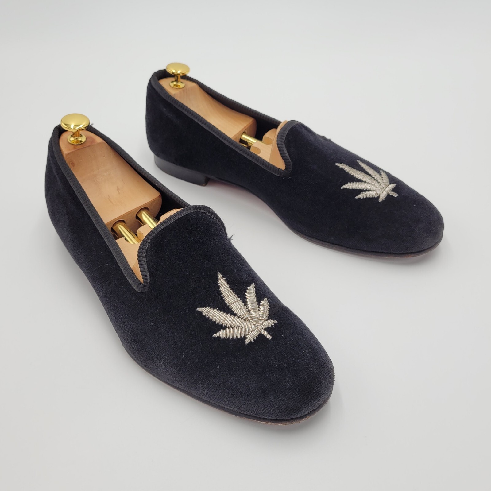 Daniel Cremieux Black Velvet Loafers w/ Hemp Leaf Hand Made in England Size 11