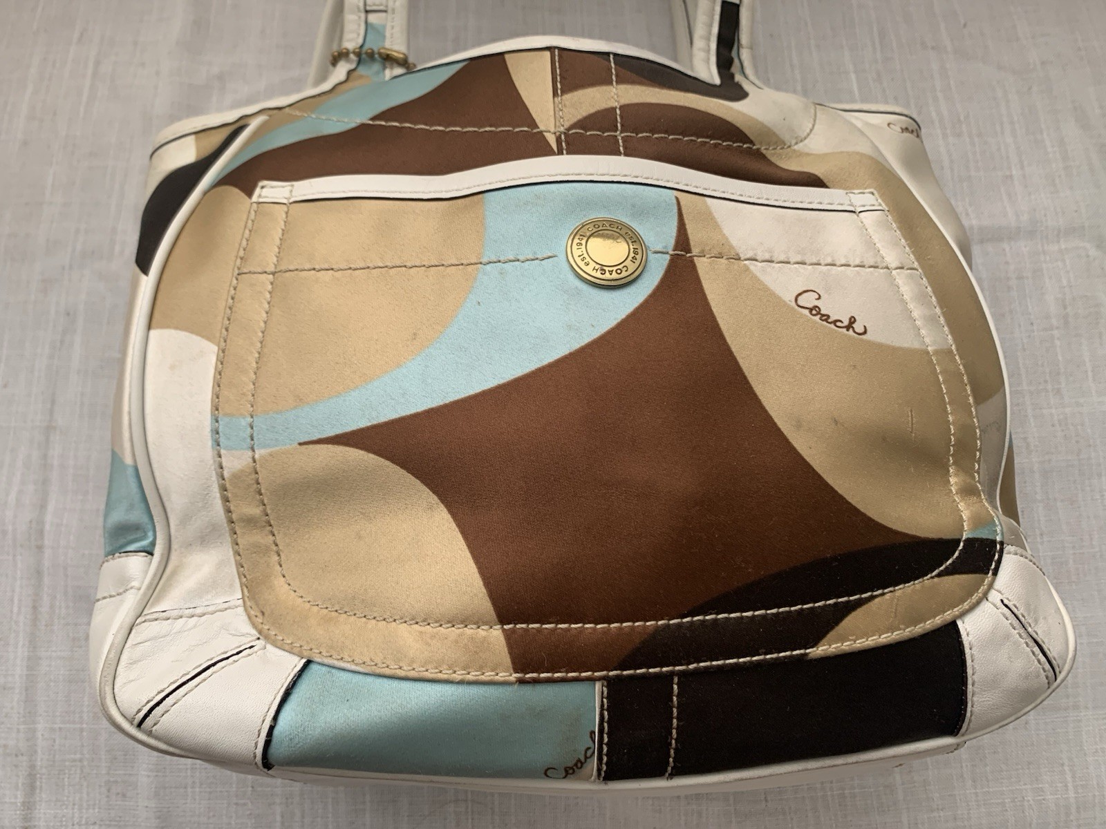 Coach Ergo 10783 Optic Scarf Print Satin Leather Tote Shoulder Bag Multicolor