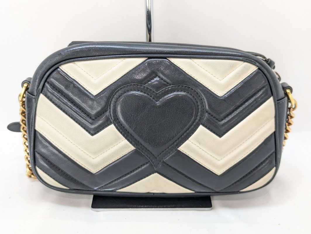 GUCCI GG Marmont Shoulder Bag Leather Black White 447632 001998 Authentic
