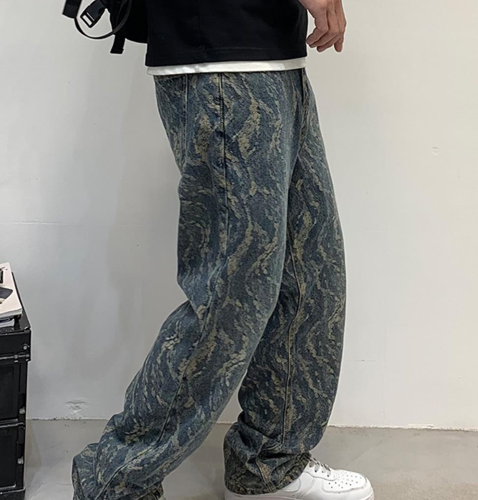 Men’s Blue Denim Jeans Straight Leg Casual Punk Hip Hop Pants Pockets Trousers