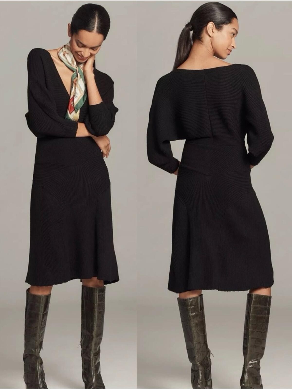 New By Anthropologie Smocked Waist Ribbed Sweater Dress Black Onyx Large Petite