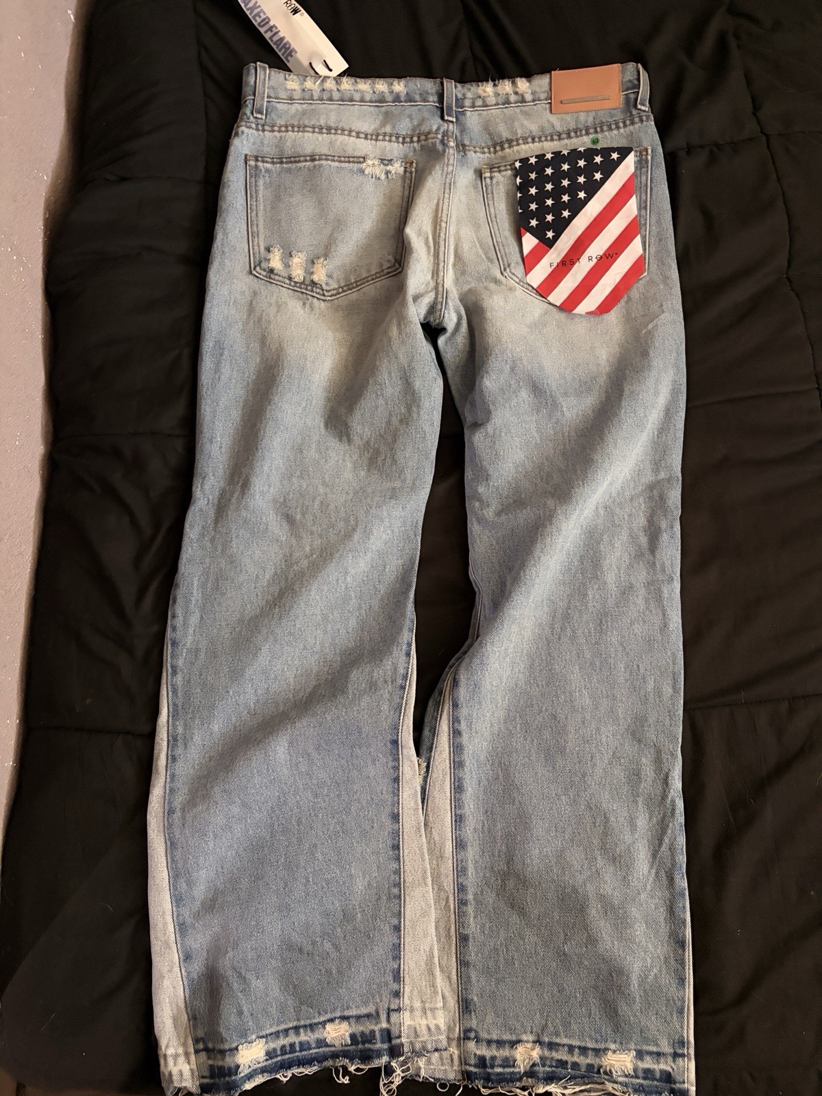 First Row Straight Men’s Light Blue Denim Jeans Distressed Flag Patch Button