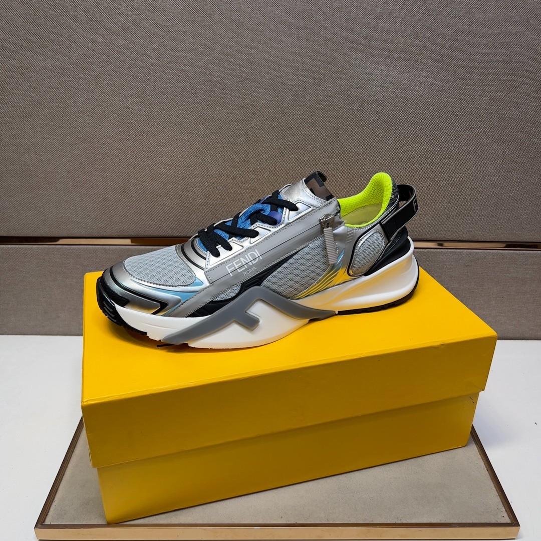 Fendi Faster Silver Metallic Mesh and Leather Sneakers Designer Shoes Size 42