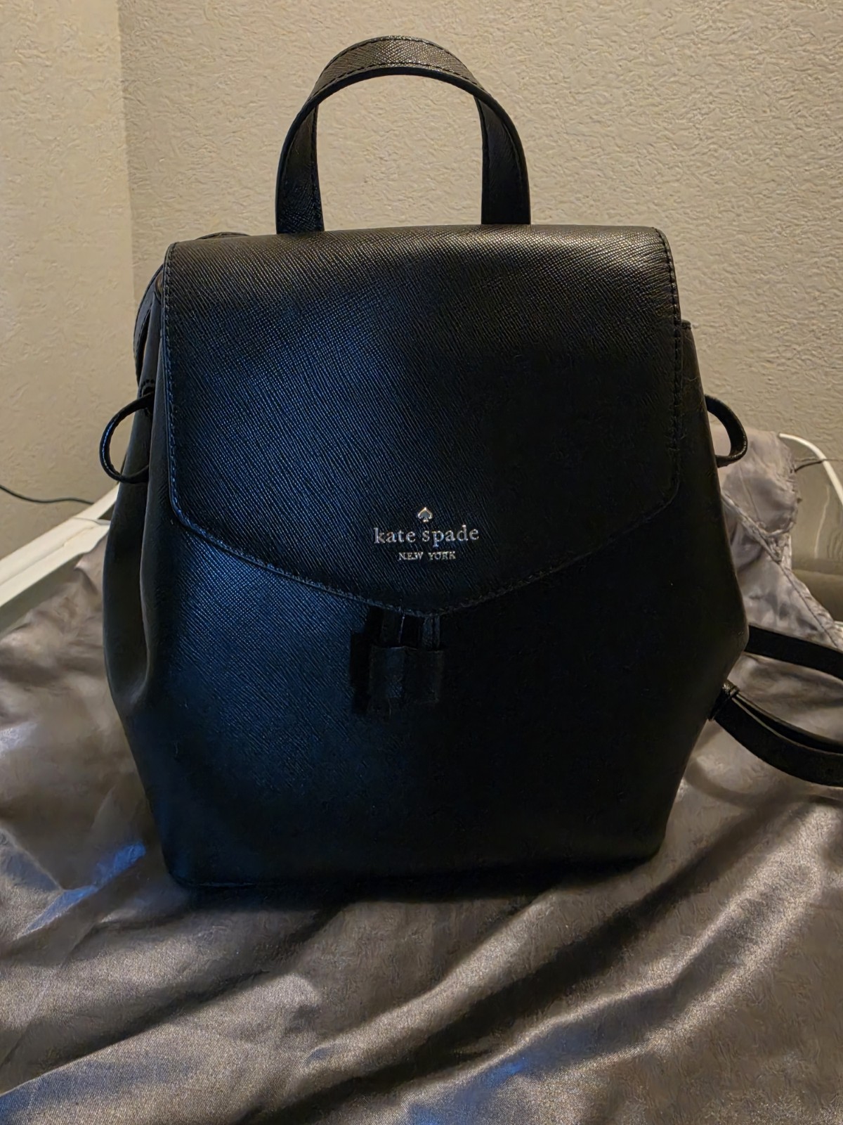 Kate Spade New York Small Black Backpack Drawstring Flap, Silver Hardware