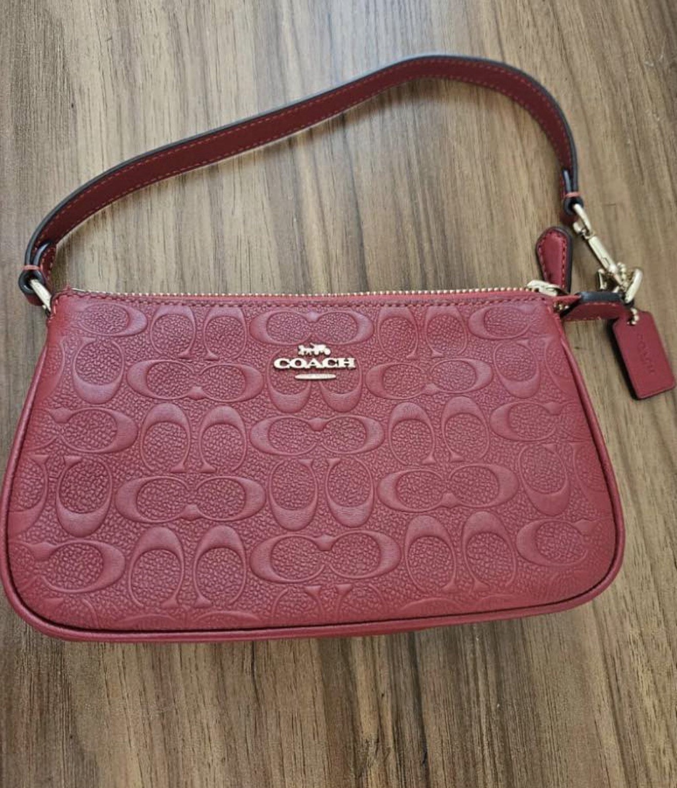 Coach Red Embossed Logo Zip Shoulder Bag w/ Detachable Strap Gold Hardware